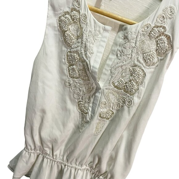 Juicy Couture Blouse White Embroidered Flowy Peplum Ruffle Tunic Sz XS - Picture 2 of 4